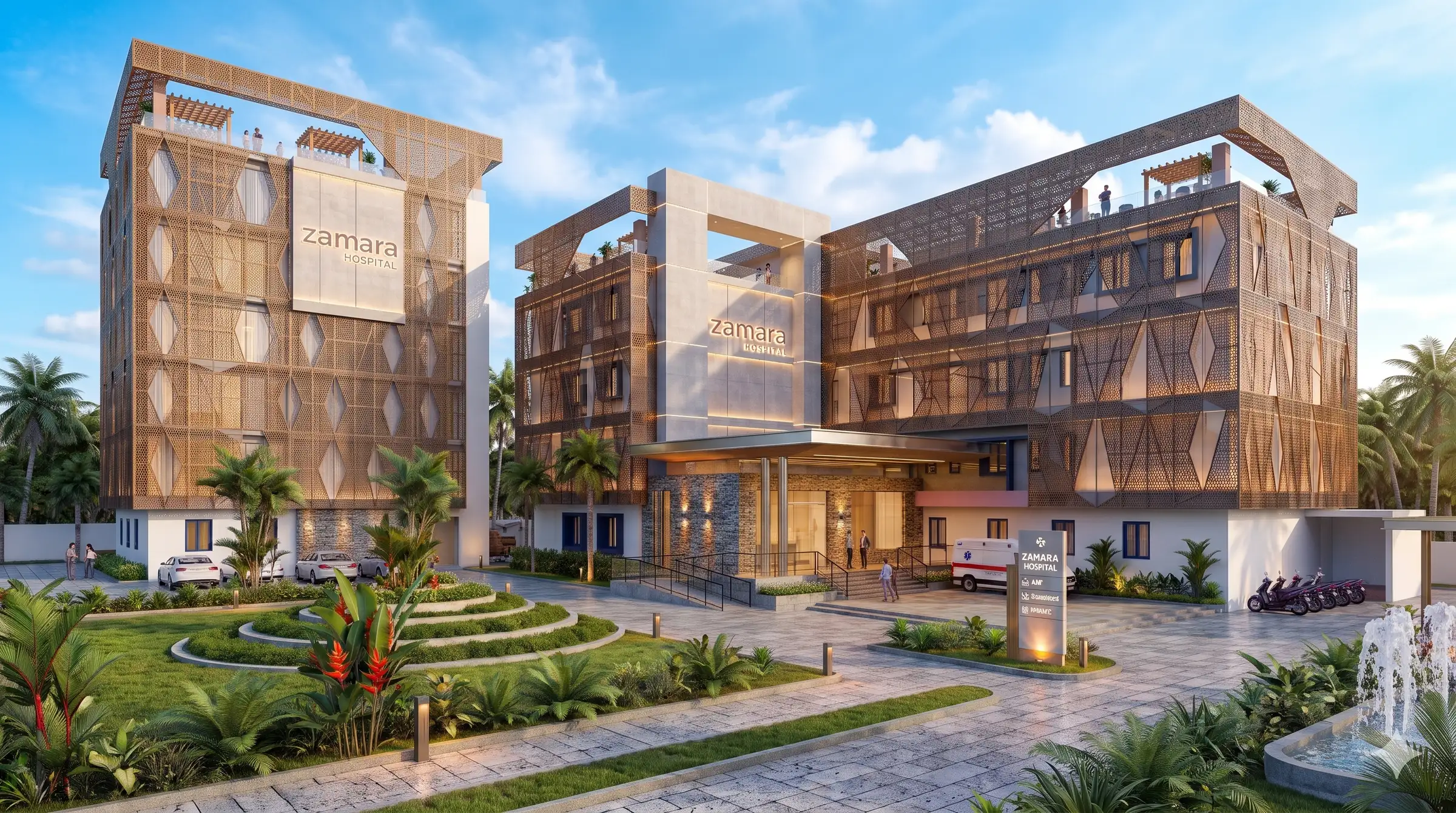 Daylight architectural rendering of Zamara Hospital in Vengara