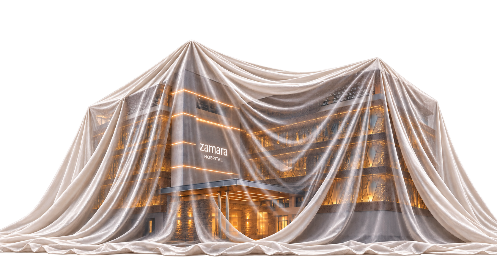 The Zamara Hospital building draped in a sheer white veil, its warm interior lighting glowing through the fabric.